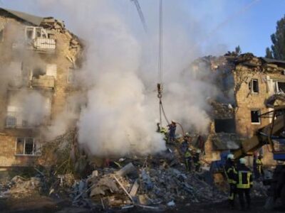 Russian Drone Attack On Kyiv Leaves Apartment Building in Flames