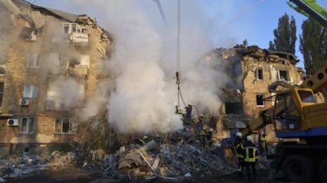 Russian Drone Attack On Kyiv Leaves Apartment Building in Flames